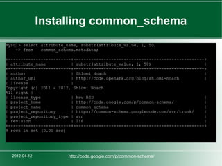 Installing common_schema
mysql> select attribute_name, substr(attribute_value, 1, 50)
    -> from   common_schema.metadata;

+-------------------------+----------------------------------------------------+
| attribute_name          | substr(attribute_value, 1, 50)                     |
+-------------------------+----------------------------------------------------+
| author                  | Shlomi Noach                                       |
| author_url              | http://code.openark.org/blog/shlomi-noach          |
| license                 |
Copyright (c) 2011 - 2012, Shlomi Noach
All right |
| license_type            | New BSD                                            |
| project_home            | http://code.google.com/p/common-schema/            |
| project_name            | common_schema                                      |
| project_repository      | https://common-schema.googlecode.com/svn/trunk/    |
| project_repository_type | svn                                                |
| revision                | 218                                                |
+-------------------------+----------------------------------------------------+
9 rows in set (0.01 sec)




  2012-04-12             http://code.google.com/p/common-schema/
 