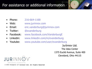 © 2015 Property of JurInnov Ltd. All Rights Reserved© 2015 Property of JurInnov Ltd. All Rights Reserved
For assistance or additional information
• Phone: 216-664-1100
• Web: www.jurinnov.com
• Email: eric.vanderburg@jurinnov.com
• Twitter: @evanderburg
• Facebook: www.facebook.com/VanderburgE
• Linkedin: www.linkedin.com/in/evanderburg
• Youtube: www.youtube.com/user/evanderburg
JurInnov Ltd.
The Idea Center
1375 Euclid Avenue, Suite 400
Cleveland, Ohio 44115
 