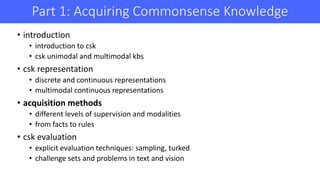 Part	1:	Acquiring	Commonsense	Knowledge	
• introduction
• introduction	to	csk
• csk	unimodal	and	multimodal	kbs
• csk	repr...