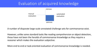 Evaluation	of	acquired	knowledge
A	number	of	disparate	large-scale	annotated	challenge	sets	for	commonsense	exist.
However...