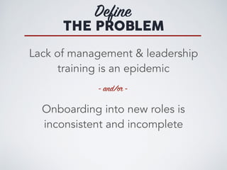 Define
THE PROBLEM
Lack of management & leadership
training is an epidemic
Onboarding into new roles is
inconsistent and i...
