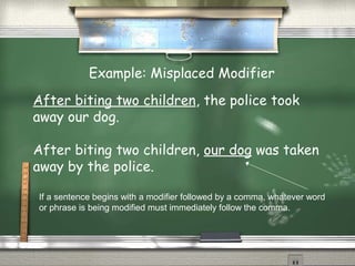 Example: Misplaced Modifier 
After biting two children, the police took 
away our dog. 
After biting two children, our dog was taken 
away by the police. 
If a sentence begins with a modifier followed by a comma, whatever word 
or phrase is being modified must immediately follow the comma. 
 