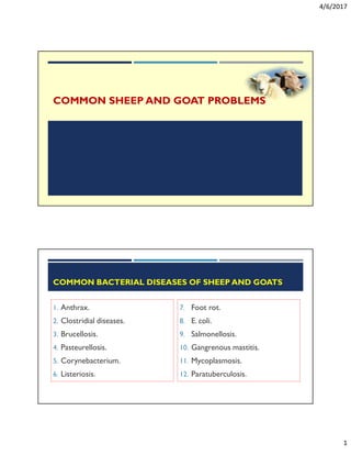 4/6/2017
1
COMMON SHEEP AND GOAT PROBLEMS
COMMON BACTERIAL DISEASES OF SHEEP AND GOATS
1. Anthrax.
2. Clostridial diseases.
3. Brucellosis.
4. Pasteurellosis.
5. Corynebacterium.
6. Listeriosis.
7. Foot rot.
8. E. coli.
9. Salmonellosis.
10. Gangrenous mastitis.
11. Mycoplasmosis.
12. Paratuberculosis.
 