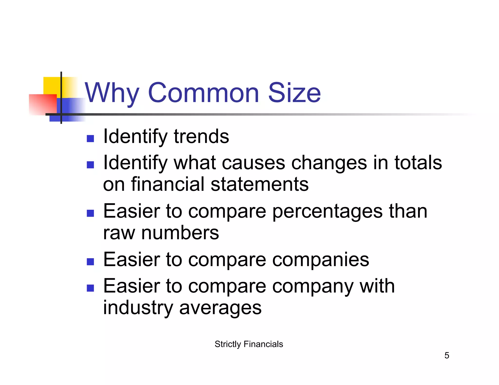 Why Common Size
n
n
n
n
n
Identify trends
Identify what causes changes in totals
on financial statements
Easier to compare percentages than
raw numbers
Easier to compare companies
Easier to compare company with
industry averages
Strictly Financials
5