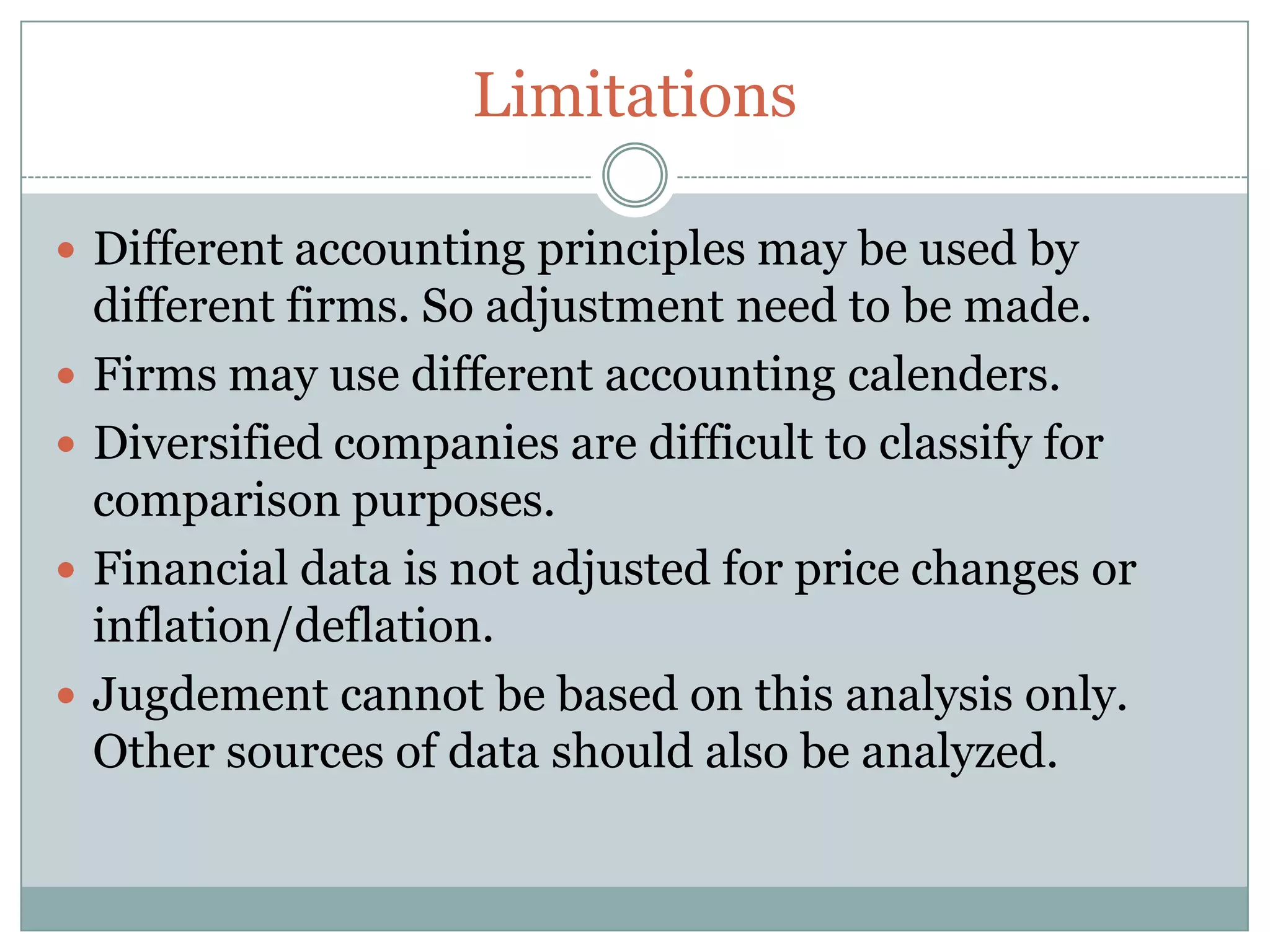 LimitationsDifferent accounting principles may be used by different firms. So adjustment need to be made.Firms may use different accounting calenders.Diversified companies are difficult to classify for comparison purposes.Financial data is not adjusted for price changes or inflation/deflation.Jugdement cannot be based on this analysis only. Other sources of data should also be analyzed.