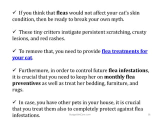 If you think that fleas would not affect your cat’s skin
condition, then be ready to break your own myth.
 These tiny critters instigate persistent scratching, crusty
lesions, and red rashes.
 To remove that, you need to provide flea treatments for
your cat.
 Furthermore, in order to control future flea infestations,
it is crucial that you need to keep her on monthly flea
preventives as well as treat her bedding, furniture, and
rugs.
 In case, you have other pets in your house, it is crucial
that you treat them also to completely protect against flea
infestations. 16BudgetVetCare.com
 
