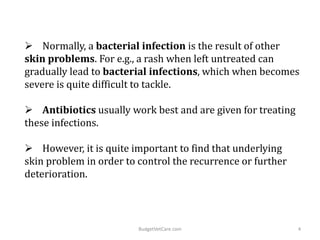  Normally, a bacterial infection is the result of other
skin problems. For e.g., a rash when left untreated can
gradually lead to bacterial infections, which when becomes
severe is quite difficult to tackle.
 Antibiotics usually work best and are given for treating
these infections.
 However, it is quite important to find that underlying
skin problem in order to control the recurrence or further
deterioration.
4BudgetVetCare.com
 