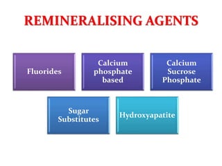 REMINERALISING AGENTS
Fluorides
Calcium
phosphate
based
Calcium
Sucrose
Phosphate
Sugar
Substitutes
Hydroxyapatite
 