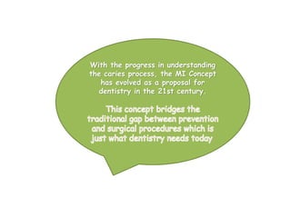 With the progress in understanding
the caries process, the MI Concept
has evolved as a proposal for
dentistry in the 21st century.
.
 