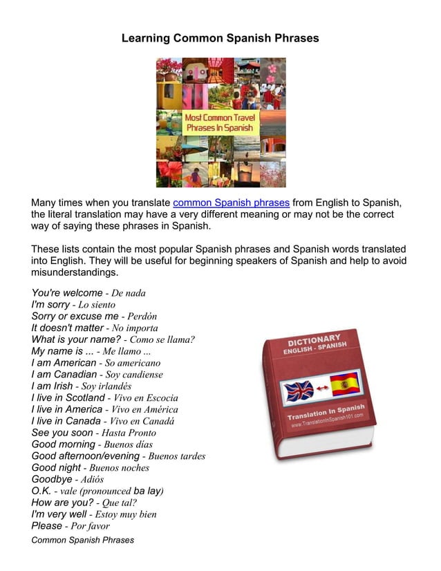 Learning Common Spanish Phrases PDF Learning Common Spanish Phrases PDF