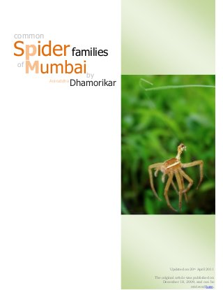 Common Spider Families of Mumbai Aniruddha Dhamorikar
Spiderfamilies
of
Mumbai
common
by
Aniruddha
Dhamorikar
Updated on 20th April 2011
The original article was published on
December 18, 2009, and can be
retrieved here.
 