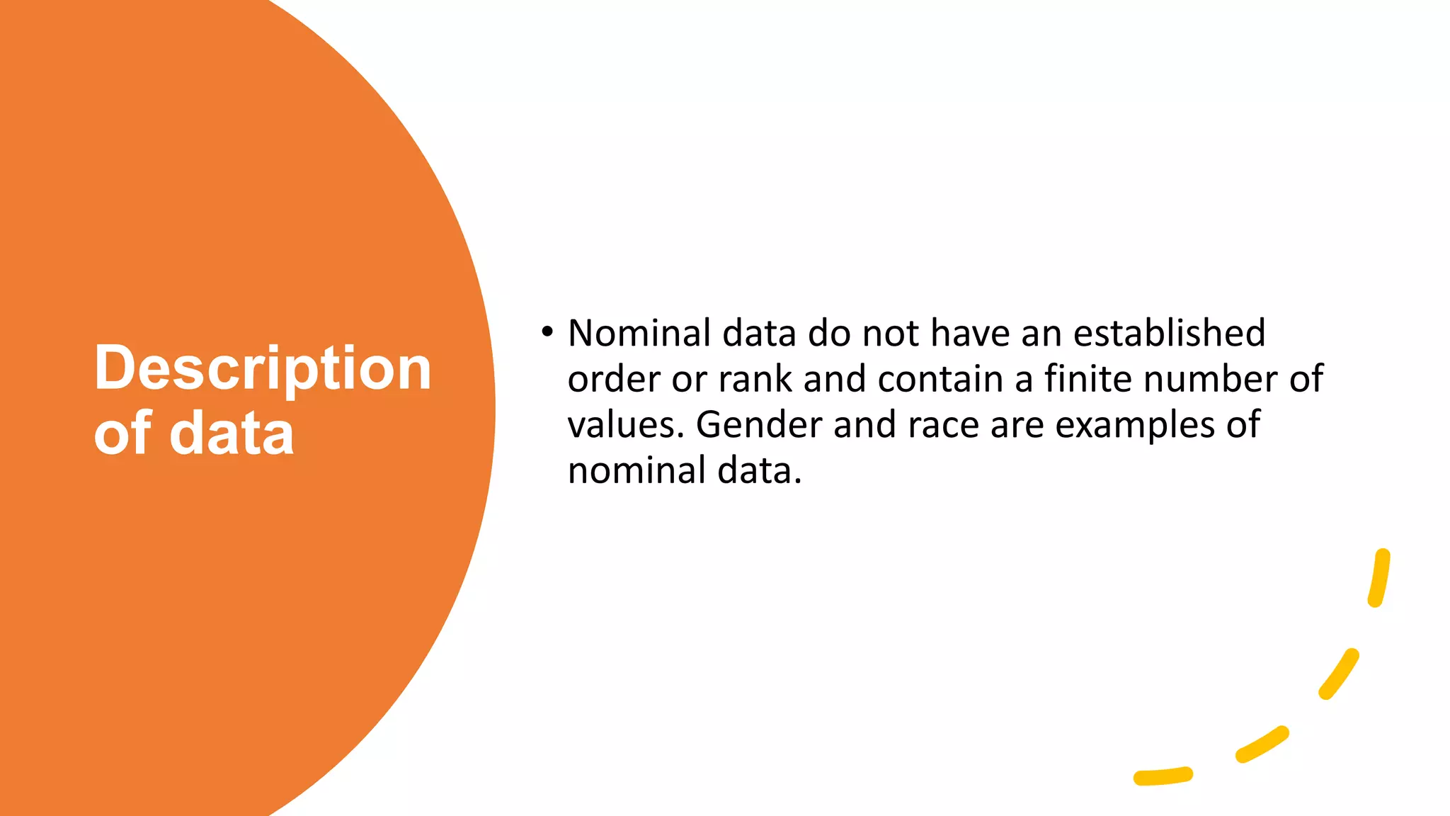 Description
of data
• Nominal data do not have an established
order or rank and contain a finite number of
values. Gender and race are examples of
nominal data.
 