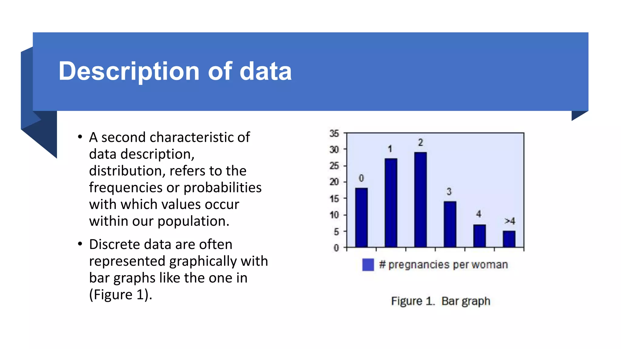 Description of data
• A second characteristic of
data description,
distribution, refers to the
frequencies or probabilities
with which values occur
within our population.
• Discrete data are often
represented graphically with
bar graphs like the one in
(Figure 1).
 