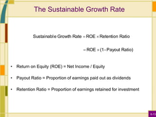 6-13
The Sustainable Growth Rate
• Return on Equity (ROE) = Net Income / Equity
• Payout Ratio = Proportion of earnings paid out as dividends
• Retention Ratio = Proportion of earnings retained for investment
Ratio)
Payout
-
(1
ROE
Ratio
Retention
ROE
Rate
Growth
e
Sustainabl




 
