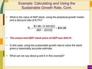 6-15
Example: Calculating and Using the
Sustainable Growth Rate, Cont.
• What is the value of AEP stock, using the perpetual growth model,
and a discount rate of 6.7%?
• The actual mid-2007 stock price of AEP was $45.41.
• In this case, using the sustainable growth rate to value the stock
gives a reasonably accurate estimate.
• What can we say about g and k in this example?
  $44.96
.03122
.067
1.03122
$1.56
P 



0
 