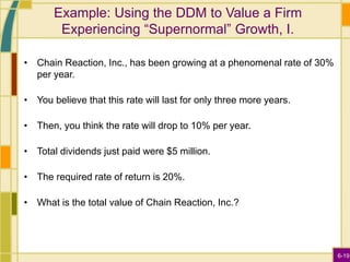 6-19
Example: Using the DDM to Value a Firm
Experiencing “Supernormal” Growth, I.
• Chain Reaction, Inc., has been growing at a phenomenal rate of 30%
per year.
• You believe that this rate will last for only three more years.
• Then, you think the rate will drop to 10% per year.
• Total dividends just paid were $5 million.
• The required rate of return is 20%.
• What is the total value of Chain Reaction, Inc.?
 