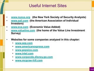 6-42
Useful Internet Sites
• www.nyssa.org (the New York Society of Security Analysts)
• www.aaii.com (the American Association of Individual
Investors)
• www.eva.com (Economic Value Added)
• www.valueline.com (the home of the Value Line Investment
Survey)
• Websites for some companies analyzed in this chapter:
• www.aep.com
• www.americanexpress.com
• www.pepsico.com
• www.intel.com
• www.corporate.disney.go.com
• www.mcgraw-hill.com
 