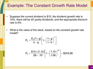 6-8
Example: The Constant Growth Rate Model
• Suppose the current dividend is $10, the dividend growth rate is
10%, there will be 20 yearly dividends, and the appropriate discount
rate is 8%.
• What is the value of the stock, based on the constant growth rate
model?
  $243.86
1.08
1.10
1
.10
.08
1.10
$10
P
k
1
g
1
1
g
k
g)
(1
D
P
20
0
T
0
0







































 