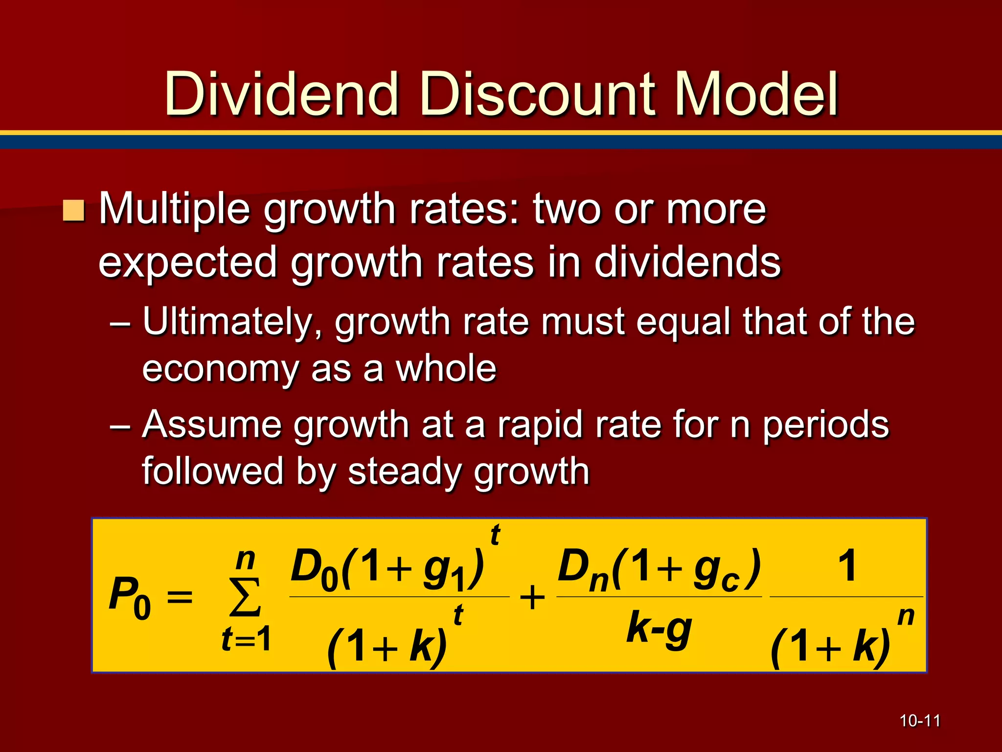 10-11
nt
t
k)(k-g
)g(D
k)(
)g(D
P cn
n
t +
+
+∑
+
+
=
= 1
11
1
1
1
10
0
Dividend Discount Model
 Multiple growth rates: two or more
expected growth rates in dividends
– Ultimately, growth rate must equal that of the
economy as a whole
– Assume growth at a rapid rate for n periods
followed by steady growth
 