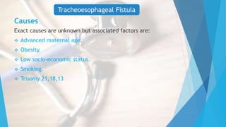 Causes
Exact causes are unknown but associated factors are:
 Advanced maternal age.
 Obesity.
 Low socio-economic status.
 Smoking.
 Trisomy 21,18,13
Tracheoesophageal Fistula
 
