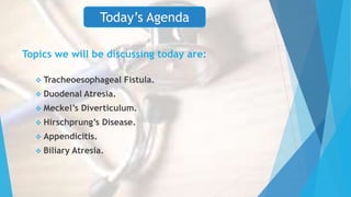 Topics we will be discussing today are:
 Tracheoesophageal Fistula.
 Duodenal Atresia.
 Meckel’s Diverticulum.
 Hirschprung’s Disease.
 Appendicitis.
 Biliary Atresia.
Today’s Agenda
 
