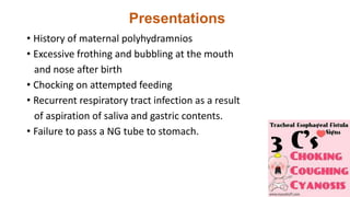 Presentations
• History of maternal polyhydramnios
• Excessive frothing and bubbling at the mouth
and nose after birth
• Chocking on attempted feeding
• Recurrent respiratory tract infection as a result
of aspiration of saliva and gastric contents.
• Failure to pass a NG tube to stomach.
 