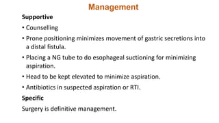 Management
Supportive
• Counselling
• Prone positioning minimizes movement of gastric secretions into
a distal fistula.
• Placing a NG tube to do esophageal suctioning for minimizing
aspiration.
• Head to be kept elevated to minimize aspiration.
• Antibiotics in suspected aspiration or RTI.
Specific
Surgery is definitive management.
 