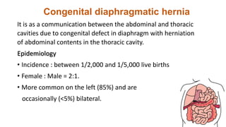 Congenital diaphragmatic hernia
It is as a communication between the abdominal and thoracic
cavities due to congenital defect in diaphragm with herniation
of abdominal contents in the thoracic cavity.
Epidemiology
• Incidence : between 1/2,000 and 1/5,000 live births
• Female : Male = 2:1.
• More common on the left (85%) and are
occasionally (<5%) bilateral.
 