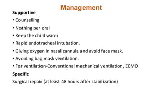 Management
Supportive
• Counselling
• Nothing per oral
• Keep the child warm
• Rapid endotracheal intubation.
• Giving oxygen in nasal cannula and avoid face mask.
• Avoiding bag mask ventilation.
• For ventilation-Conventional mechanical ventilation, ECMO
Specific
Surgical repair (at least 48 hours after stabilization)
 