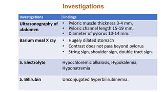 Investigations Findings
Ultrasonography of
abdomen
• Pyloric muscle thickness 3-4 mm,
• Pyloric channel length 15-19 mm,
• Diameter of pylorus 10-14 mm.
Barium meal X ray • Hugely dilated stomach
• Contrast does not pass beyond pylorus
• String sign, shoulder sign, double tract sign.
S. Electrolyte Hypochloremic alkalosis, Hypokalemia,
Hyponatremia
S. Bilirubin Unconjugated hyperbilirubinemia.
Investigations
 