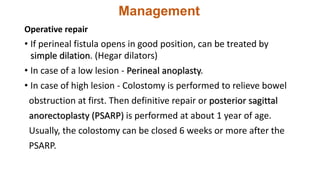 Management
Operative repair
• If perineal fistula opens in good position, can be treated by
simple dilation. (Hegar dilators)
• In case of a low lesion - Perineal anoplasty.
• In case of high lesion - Colostomy is performed to relieve bowel
obstruction at first. Then definitive repair or posterior sagittal
anorectoplasty (PSARP) is performed at about 1 year of age.
Usually, the colostomy can be closed 6 weeks or more after the
PSARP.
 