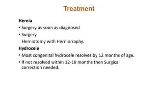 Treatment
Hernia
• Surgery as soon as diagnosed
• Surgery
Herniotomy with Herniorraphy.
Hydrocele
• Most congenital hydrocele resolves by 12 months of age.
• If not resolved within 12-18 months then Surgical
correction needed.
 