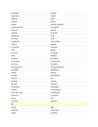 manmade artifical
mannequin model
material fabric
matters things
maybe perhaps, possibly
in the meantime meanwhile
measure degree
meeting assembly
mendacity lying
merciless cruel
middleman intermediary
midway halfway
to migrate emigrate
mild gentle
to mimic to imitate
mind intellect
mindless senseless
to minimize to play down
to mirror to reflect
to misconceive to misunderstand
miserable depressing
misery distress
misread misinterpret
missing lost
mistrust distrust
mo (AE) moment
moderately reasonably
modern contemporary
more and more increasingly
moreover in addition
movie film
murderer assassin
N
naked bare
nameless anonymous
napkin serviette
 