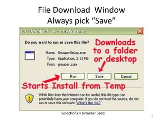 File Download Window
   Always pick “Save”




     Selections = Browser used.
                                  12
 