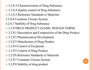 3.2.S.3 Characterization of Drug Substance
 3.2.S.4 Quality control of Drug Substance
 3.2.S.5 Reference Standards or Materials
3.2.S.6 Container Closure System
3.2.S.7 Stability of Drug Substance
 3.2.P DRUG PRODUCT (NAME, DOSAGE FORM)
 3.2.P.1 Description and Composition of the Drug Product
 3.2.P.2 Pharmaceutical Development
 3.2.P.3 Manufacture of Drug Product
 3.2.P.4 Control of Excipients
 3.2.P.5 Control of Drug Product
 3.2.P.6 Reference Standards or Materials
 3.2.P.7 Container Closure System
 3.2.P.8 Stability of drug product


56

 