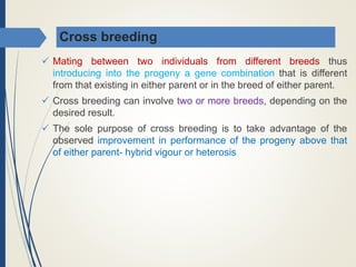 Cross breeding
 Mating between two individuals from different breeds thus
introducing into the progeny a gene combination that is different
from that existing in either parent or in the breed of either parent.
 Cross breeding can involve two or more breeds, depending on the
desired result.
 The sole purpose of cross breeding is to take advantage of the
observed improvement in performance of the progeny above that
of either parent- hybrid vigour or heterosis
 