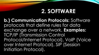 2. SOFTWARE
b.) Communication Protocols: Software
protocols that define rules for data
exchange over a network. Examples:
TCP/IP (Transmission Control
Protocol/Internet Protocol), VoIP (Voice
over Internet Protocol), SIP (Session
Initiation Protocol).
 