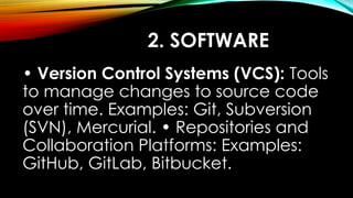2. SOFTWARE
• Version Control Systems (VCS): Tools
to manage changes to source code
over time. Examples: Git, Subversion
(SVN), Mercurial. • Repositories and
Collaboration Platforms: Examples:
GitHub, GitLab, Bitbucket.
 