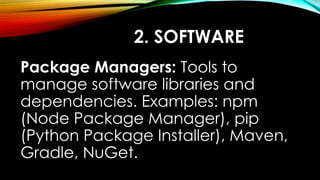 2. SOFTWARE
Package Managers: Tools to
manage software libraries and
dependencies. Examples: npm
(Node Package Manager), pip
(Python Package Installer), Maven,
Gradle, NuGet.
 