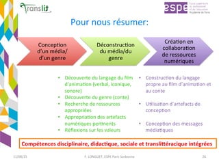 Pour	nous	résumer:	
ConcepEon	
d’un	média/
d’un	genre		
DéconstrucEon	
du	média/du	
genre		
CréaEon	en	
collaboraEon	
de	ressources	
numériques	
•  Découverte	du	langage	du	ﬁlm	
d’animaEon	(verbal,	iconique,	
sonore)		
•  Découverte	du	genre	(conte)	
•  Recherche	de	ressources	
appropriées	
•  AppropriaEon	des	artefacts	
numériques	perEnents	
•  Réﬂexions	sur	les	valeurs		
•  ConstrucEon	du	langage	
propre	au	ﬁlm	d’animaEon	et	
au	conte	
	
•  UElisaEon	d’artefacts	de	
concepEon	
	
•  ConcepEon	des	messages	
médiaEques	
Compétences	disciplinaire,	didac'que,	sociale	et	transli9éracique	intégrées	
11/08/15	 F.	LONGUET,	ESPE	Paris	Sorbonne	 26	
 