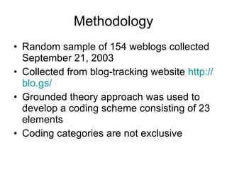 Methodology Random sample of 154 weblogs collected September 21, 2003  Collected from blog-tracking website  http:// blo.gs /   Grounded theory approach was used to develop a coding scheme consisting of 23 elements  Coding categories are not exclusive 