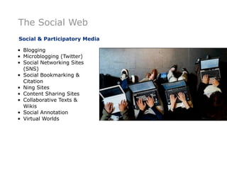 The Social Web
Social & Participatory Media

• Blogging
• Microblogging (Twitter)
• Social Networking Sites
  (SNS)
• Social Bookmarking &
  Citation
• Ning Sites
• Content Sharing Sites
• Collaborative Texts &
  Wikis
• Social Annotation
• Virtual Worlds
 