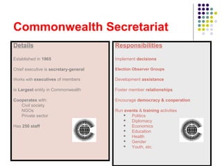 Commonwealth Secretariat
Details
Established in 1965
Chief executive is secretary-general
Works with executives of members
Is Largest entity in Commonwealth
Cooperates with:
Civil society
NGOs
Private sector
Has 250 staff
Responsibilities
Implement decisions
Election Observer Groups
Development assistance
Foster member relationships
Encourage democracy & cooperation
Run events & training activities
 Politics
 Diplomacy
 Economics
 Education
 Health
 Gender
 Youth, etc.
 