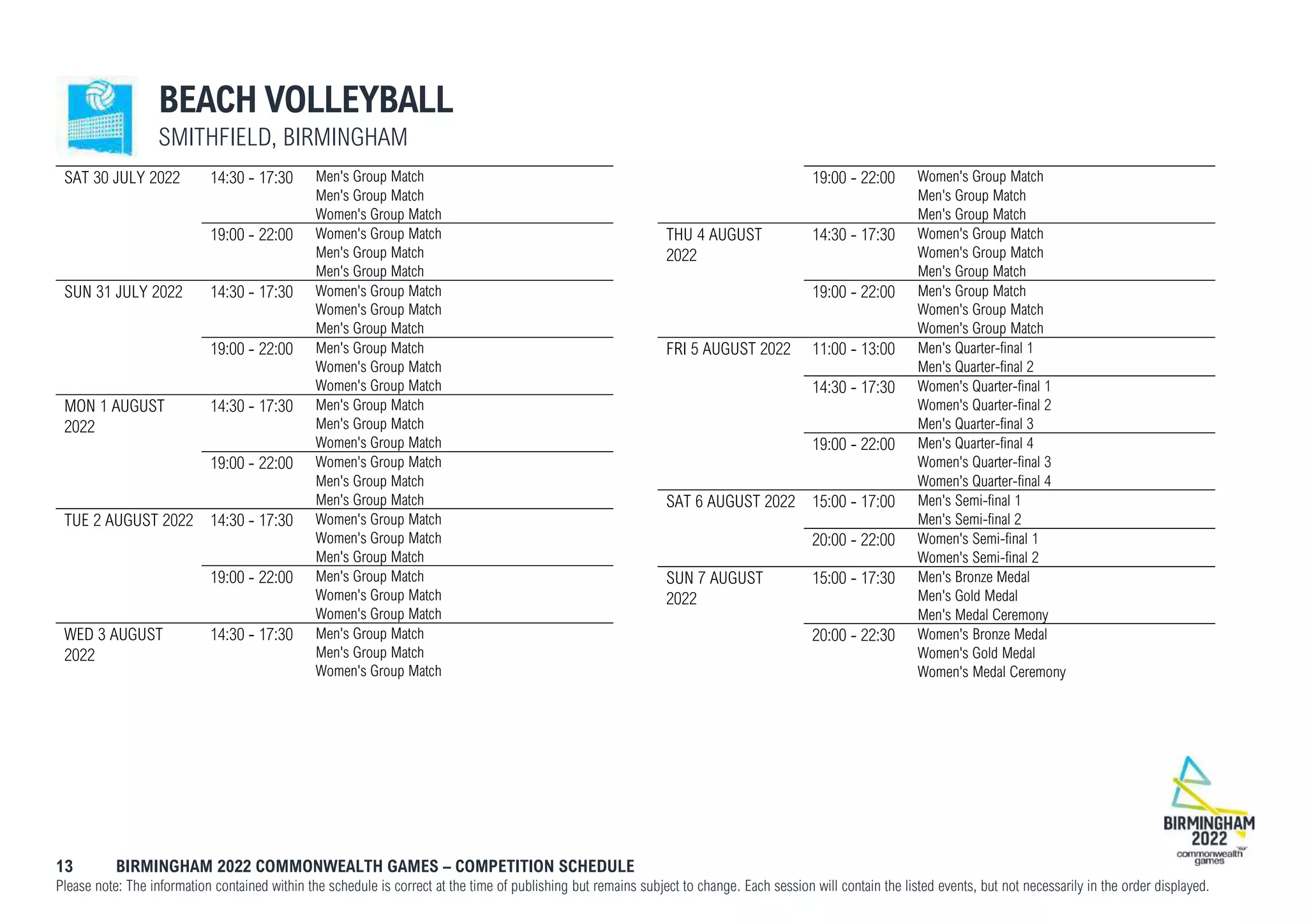 13 BIRMINGHAM 2022 COMMONWEALTH GAMES – COMPETITION SCHEDULE
Please note: The information contained within the schedule is correct at the time of publishing but remains subject to change. Each session will contain the listed events, but not necessarily in the order displayed.
BEACH VOLLEYBALL
SMITHFIELD, BIRMINGHAM
SAT 30 JULY 2022 14:30 - 17:30 Men's Group Match
Men's Group Match
Women's Group Match
19:00 - 22:00 Women's Group Match
Men's Group Match
Men's Group Match
SUN 31 JULY 2022 14:30 - 17:30 Women's Group Match
Women's Group Match
Men's Group Match
19:00 - 22:00 Men's Group Match
Women's Group Match
Women's Group Match
MON 1 AUGUST
2022
14:30 - 17:30 Men's Group Match
Men's Group Match
Women's Group Match
19:00 - 22:00 Women's Group Match
Men's Group Match
Men's Group Match
TUE 2 AUGUST 2022 14:30 - 17:30 Women's Group Match
Women's Group Match
Men's Group Match
19:00 - 22:00 Men's Group Match
Women's Group Match
Women's Group Match
WED 3 AUGUST
2022
14:30 - 17:30 Men's Group Match
Men's Group Match
Women's Group Match
19:00 - 22:00 Women's Group Match
Men's Group Match
Men's Group Match
THU 4 AUGUST
2022
14:30 - 17:30 Women's Group Match
Women's Group Match
Men's Group Match
19:00 - 22:00 Men's Group Match
Women's Group Match
Women's Group Match
FRI 5 AUGUST 2022 11:00 - 13:00 Men's Quarter-final 1
Men's Quarter-final 2
14:30 - 17:30 Women's Quarter-final 1
Women's Quarter-final 2
Men's Quarter-final 3
19:00 - 22:00 Men's Quarter-final 4
Women's Quarter-final 3
Women's Quarter-final 4
SAT 6 AUGUST 2022 15:00 - 17:00 Men's Semi-final 1
Men's Semi-final 2
20:00 - 22:00 Women's Semi-final 1
Women's Semi-final 2
SUN 7 AUGUST
2022
15:00 - 17:30 Men's Bronze Medal
Men's Gold Medal
Men's Medal Ceremony
20:00 - 22:30 Women's Bronze Medal
Women's Gold Medal
Women's Medal Ceremony
 
