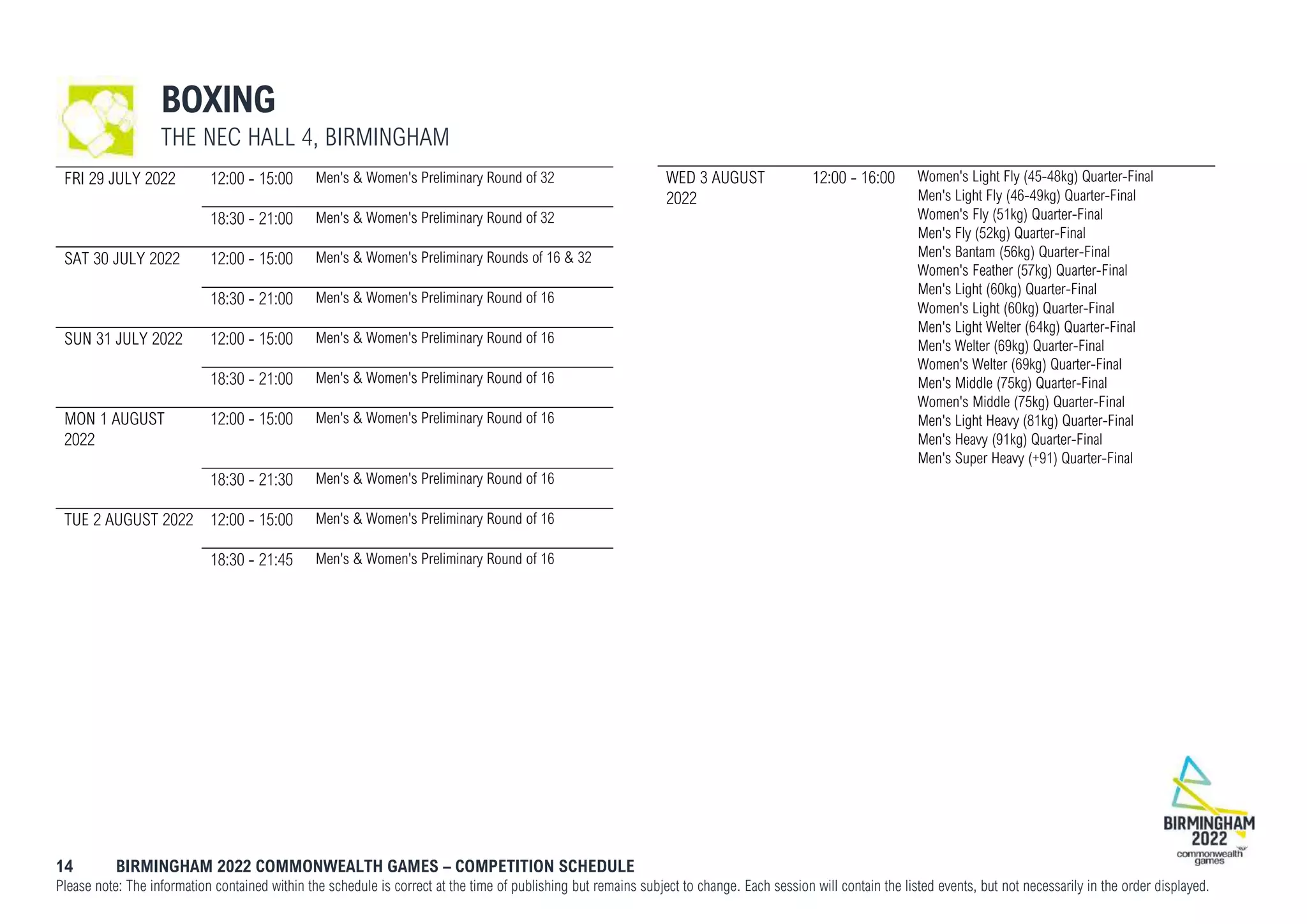 14 BIRMINGHAM 2022 COMMONWEALTH GAMES – COMPETITION SCHEDULE
Please note: The information contained within the schedule is correct at the time of publishing but remains subject to change. Each session will contain the listed events, but not necessarily in the order displayed.
BOXING
THE NEC HALL 4, BIRMINGHAM
FRI 29 JULY 2022 12:00 - 15:00 Men's & Women's Preliminary Round of 32
18:30 - 21:00 Men's & Women's Preliminary Round of 32
SAT 30 JULY 2022 12:00 - 15:00 Men's & Women's Preliminary Rounds of 16 & 32
18:30 - 21:00 Men's & Women's Preliminary Round of 16
SUN 31 JULY 2022 12:00 - 15:00 Men's & Women's Preliminary Round of 16
18:30 - 21:00 Men's & Women's Preliminary Round of 16
MON 1 AUGUST
2022
12:00 - 15:00 Men's & Women's Preliminary Round of 16
18:30 - 21:30 Men's & Women's Preliminary Round of 16
TUE 2 AUGUST 2022 12:00 - 15:00 Men's & Women's Preliminary Round of 16
18:30 - 21:45 Men's & Women's Preliminary Round of 16
WED 3 AUGUST
2022
12:00 - 16:00 Women's Light Fly (45-48kg) Quarter-Final
Men's Light Fly (46-49kg) Quarter-Final
Women's Fly (51kg) Quarter-Final
Men's Fly (52kg) Quarter-Final
Men's Bantam (56kg) Quarter-Final
Women's Feather (57kg) Quarter-Final
Men's Light (60kg) Quarter-Final
Women's Light (60kg) Quarter-Final
Men's Light Welter (64kg) Quarter-Final
Men's Welter (69kg) Quarter-Final
Women's Welter (69kg) Quarter-Final
Men's Middle (75kg) Quarter-Final
Women's Middle (75kg) Quarter-Final
Men's Light Heavy (81kg) Quarter-Final
Men's Heavy (91kg) Quarter-Final
Men's Super Heavy (+91) Quarter-Final
 