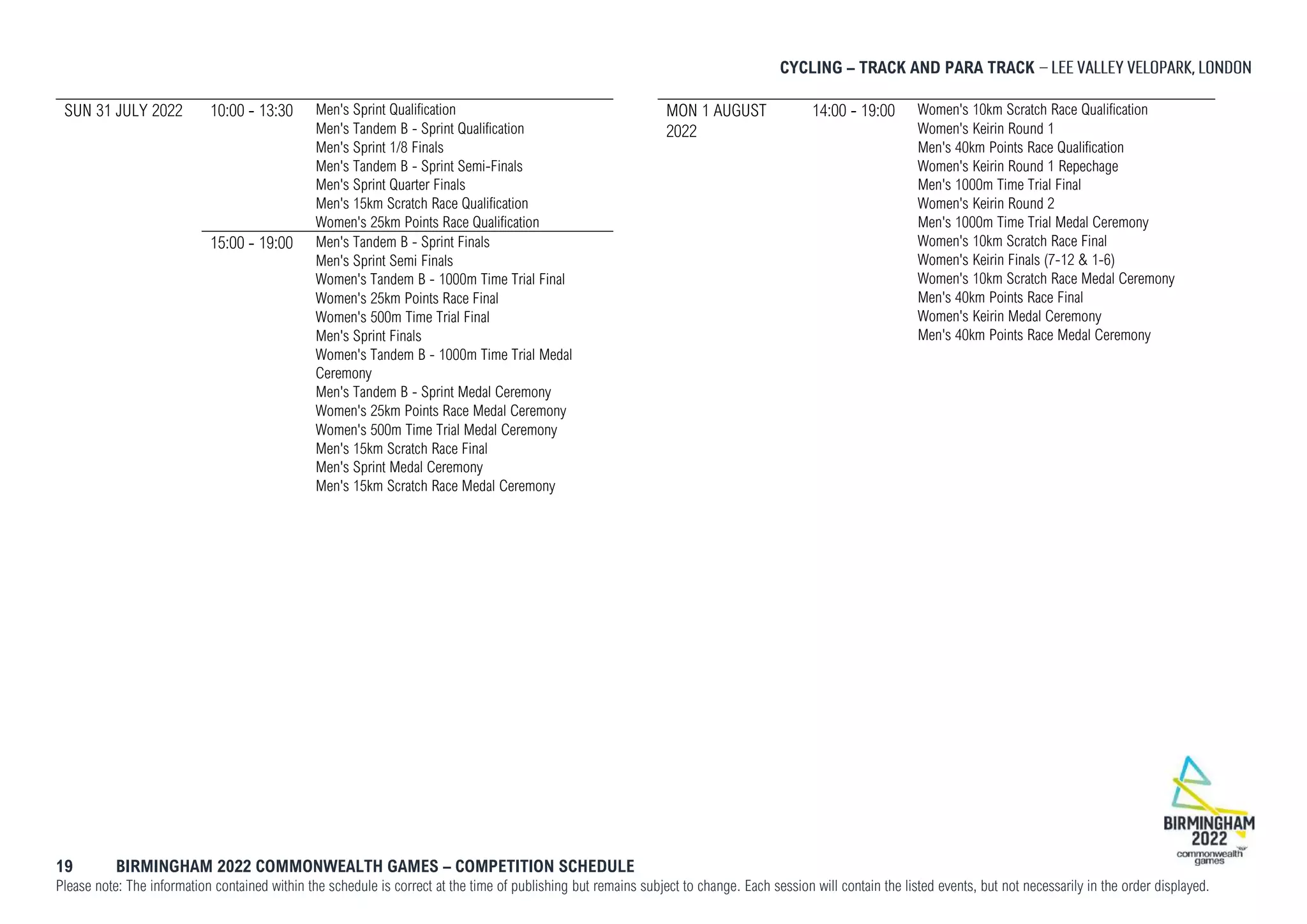 CYCLING – TRACK AND PARA TRACK
19 BIRMINGHAM 2022 COMMONWEALTH GAMES – COMPETITION SCHEDULE
Please note: The information contained within the schedule is correct at the time of publishing but remains subject to change. Each session will contain the listed events, but not necessarily in the order displayed.
SUN 31 JULY 2022 10:00 - 13:30 Men's Sprint Qualification
Men's Tandem B - Sprint Qualification
Men's Sprint 1/8 Finals
Men's Tandem B - Sprint Semi-Finals
Men's Sprint Quarter Finals
Men's 15km Scratch Race Qualification
Women's 25km Points Race Qualification
15:00 - 19:00 Men's Tandem B - Sprint Finals
Men's Sprint Semi Finals
Women's Tandem B - 1000m Time Trial Final
Women's 25km Points Race Final
Women's 500m Time Trial Final
Men's Sprint Finals
Women's Tandem B - 1000m Time Trial Medal
Ceremony
Men's Tandem B - Sprint Medal Ceremony
Women's 25km Points Race Medal Ceremony
Women's 500m Time Trial Medal Ceremony
Men's 15km Scratch Race Final
Men's Sprint Medal Ceremony
Men's 15km Scratch Race Medal Ceremony
MON 1 AUGUST
2022
14:00 - 19:00 Women's 10km Scratch Race Qualification
Women's Keirin Round 1
Men's 40km Points Race Qualification
Women's Keirin Round 1 Repechage
Men's 1000m Time Trial Final
Women's Keirin Round 2
Men's 1000m Time Trial Medal Ceremony
Women's 10km Scratch Race Final
Women's Keirin Finals (7-12 & 1-6)
Women's 10km Scratch Race Medal Ceremony
Men's 40km Points Race Final
Women's Keirin Medal Ceremony
Men's 40km Points Race Medal Ceremony
 