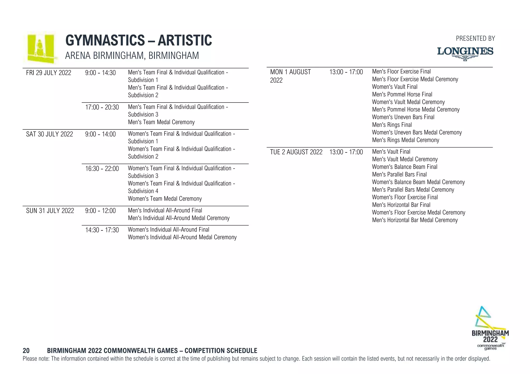 20 BIRMINGHAM 2022 COMMONWEALTH GAMES – COMPETITION SCHEDULE
Please note: The information contained within the schedule is correct at the time of publishing but remains subject to change. Each session will contain the listed events, but not necessarily in the order displayed.
GYMNASTICS – ARTISTIC
ARENA BIRMINGHAM, BIRMINGHAM
FRI 29 JULY 2022 9:00 - 14:30 Men's Team Final & Individual Qualification -
Subdivision 1
Men's Team Final & Individual Qualification -
Subdivision 2
17:00 - 20:30 Men's Team Final & Individual Qualification -
Subdivision 3
Men's Team Medal Ceremony
SAT 30 JULY 2022 9:00 - 14:00 Women's Team Final & Individual Qualification -
Subdivision 1
Women's Team Final & Individual Qualification -
Subdivision 2
16:30 - 22:00 Women's Team Final & Individual Qualification -
Subdivision 3
Women's Team Final & Individual Qualification -
Subdivision 4
Women's Team Medal Ceremony
SUN 31 JULY 2022 9:00 - 12:00 Men's Individual All-Around Final
Men's Individual All-Around Medal Ceremony
14:30 - 17:30 Women's Individual All-Around Final
Women's Individual All-Around Medal Ceremony
MON 1 AUGUST
2022
13:00 - 17:00 Men's Floor Exercise Final
Men's Floor Exercise Medal Ceremony
Women's Vault Final
Men's Pommel Horse Final
Women's Vault Medal Ceremony
Men's Pommel Horse Medal Ceremony
Women's Uneven Bars Final
Men's Rings Final
Women's Uneven Bars Medal Ceremony
Men's Rings Medal Ceremony
TUE 2 AUGUST 2022 13:00 - 17:00 Men's Vault Final
Men's Vault Medal Ceremony
Women's Balance Beam Final
Men's Parallel Bars Final
Women's Balance Beam Medal Ceremony
Men's Parallel Bars Medal Ceremony
Women's Floor Exercise Final
Men's Horizontal Bar Final
Women's Floor Exercise Medal Ceremony
Men's Horizontal Bar Medal Ceremony
PRESENTED BY
 
