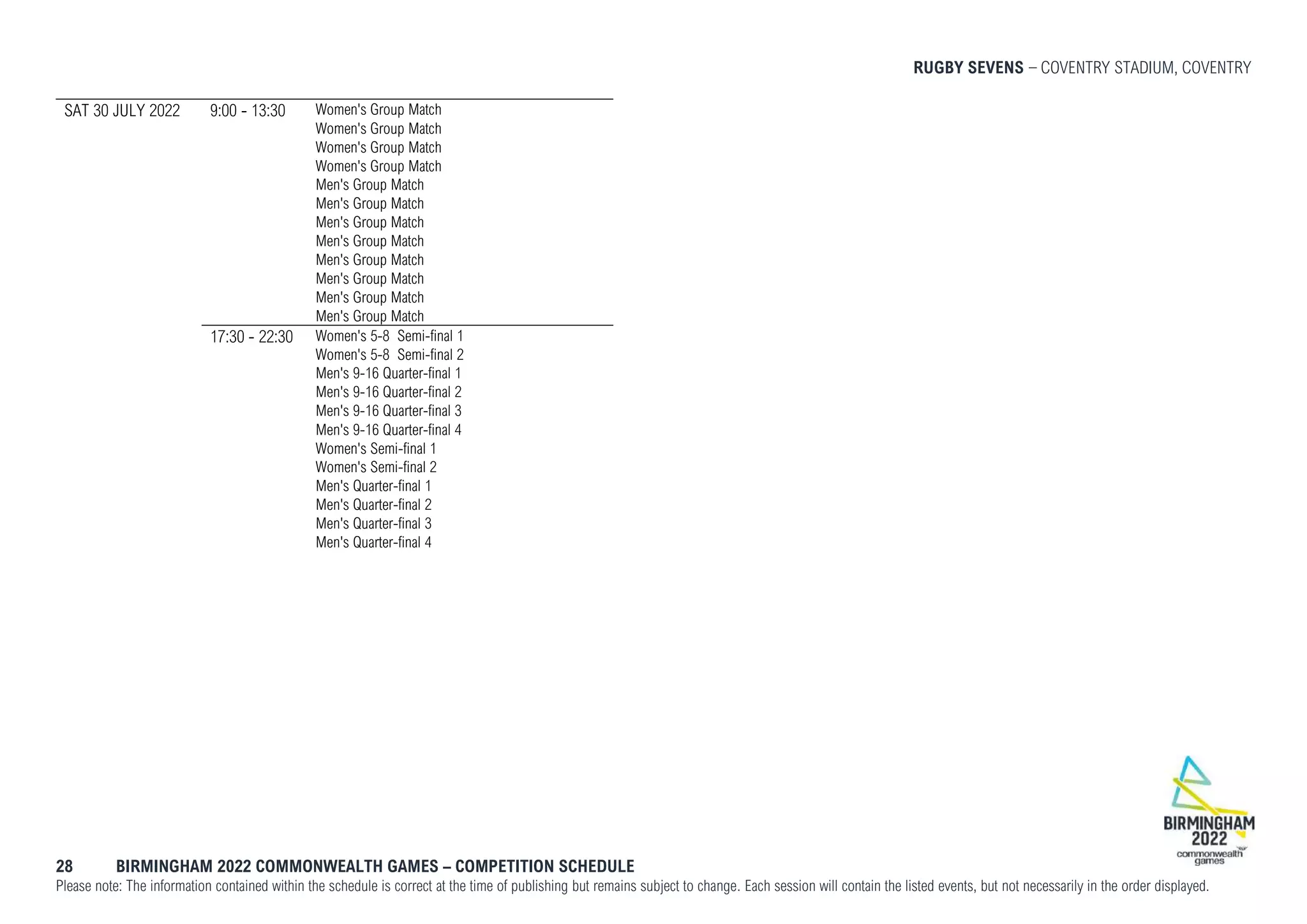 RUGBY SEVENS COVENTRY STADIUM, COVENTRY
28 BIRMINGHAM 2022 COMMONWEALTH GAMES – COMPETITION SCHEDULE
Please note: The information contained within the schedule is correct at the time of publishing but remains subject to change. Each session will contain the listed events, but not necessarily in the order displayed.
SAT 30 JULY 2022 9:00 - 13:30 Women's Group Match
Women's Group Match
Women's Group Match
Women's Group Match
Men's Group Match
Men's Group Match
Men's Group Match
Men's Group Match
Men's Group Match
Men's Group Match
Men's Group Match
Men's Group Match
17:30 - 22:30 Women's 5-8 Semi-final 1
Women's 5-8 Semi-final 2
Men's 9-16 Quarter-final 1
Men's 9-16 Quarter-final 2
Men's 9-16 Quarter-final 3
Men's 9-16 Quarter-final 4
Women's Semi-final 1
Women's Semi-final 2
Men's Quarter-final 1
Men's Quarter-final 2
Men's Quarter-final 3
Men's Quarter-final 4
 