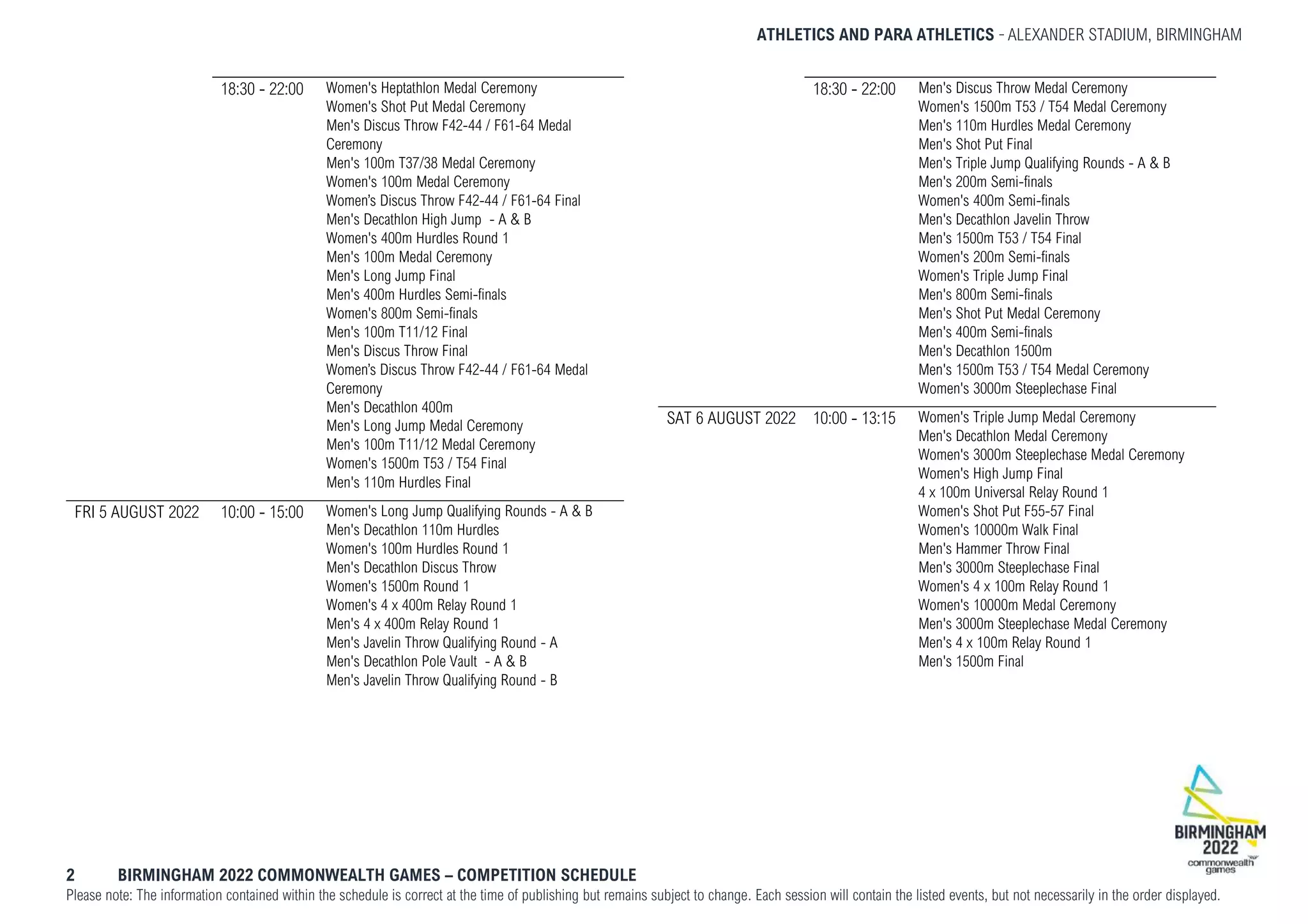 ATHLETICS AND PARA ATHLETICS ALEXANDER STADIUM, BIRMINGHAM
2 BIRMINGHAM 2022 COMMONWEALTH GAMES – COMPETITION SCHEDULE
Please note: The information contained within the schedule is correct at the time of publishing but remains subject to change. Each session will contain the listed events, but not necessarily in the order displayed.
18:30 - 22:00 Women's Heptathlon Medal Ceremony
Women's Shot Put Medal Ceremony
Men's Discus Throw F42-44 / F61-64 Medal
Ceremony
Men's 100m T37/38 Medal Ceremony
Women's 100m Medal Ceremony
Women’s Discus Throw F42-44 / F61-64 Final
Men's Decathlon High Jump - A & B
Women's 400m Hurdles Round 1
Men's 100m Medal Ceremony
Men's Long Jump Final
Men's 400m Hurdles Semi-finals
Women's 800m Semi-finals
Men's 100m T11/12 Final
Men's Discus Throw Final
Women’s Discus Throw F42-44 / F61-64 Medal
Ceremony
Men's Decathlon 400m
Men's Long Jump Medal Ceremony
Men's 100m T11/12 Medal Ceremony
Women's 1500m T53 / T54 Final
Men's 110m Hurdles Final
FRI 5 AUGUST 2022 10:00 - 15:00 Women's Long Jump Qualifying Rounds - A & B
Men's Decathlon 110m Hurdles
Women's 100m Hurdles Round 1
Men's Decathlon Discus Throw
Women's 1500m Round 1
Women's 4 x 400m Relay Round 1
Men's 4 x 400m Relay Round 1
Men's Javelin Throw Qualifying Round - A
Men's Decathlon Pole Vault - A & B
Men's Javelin Throw Qualifying Round - B
18:30 - 22:00 Men's Discus Throw Medal Ceremony
Women's 1500m T53 / T54 Medal Ceremony
Men's 110m Hurdles Medal Ceremony
Men's Shot Put Final
Men's Triple Jump Qualifying Rounds - A & B
Men's 200m Semi-finals
Women's 400m Semi-finals
Men's Decathlon Javelin Throw
Men's 1500m T53 / T54 Final
Women's 200m Semi-finals
Women's Triple Jump Final
Men's 800m Semi-finals
Men's Shot Put Medal Ceremony
Men's 400m Semi-finals
Men's Decathlon 1500m
Men's 1500m T53 / T54 Medal Ceremony
Women's 3000m Steeplechase Final
SAT 6 AUGUST 2022 10:00 - 13:15 Women's Triple Jump Medal Ceremony
Men's Decathlon Medal Ceremony
Women's 3000m Steeplechase Medal Ceremony
Women's High Jump Final
4 x 100m Universal Relay Round 1
Women's Shot Put F55-57 Final
Women's 10000m Walk Final
Men's Hammer Throw Final
Men's 3000m Steeplechase Final
Women's 4 x 100m Relay Round 1
Women's 10000m Medal Ceremony
Men's 3000m Steeplechase Medal Ceremony
Men's 4 x 100m Relay Round 1
Men's 1500m Final
 