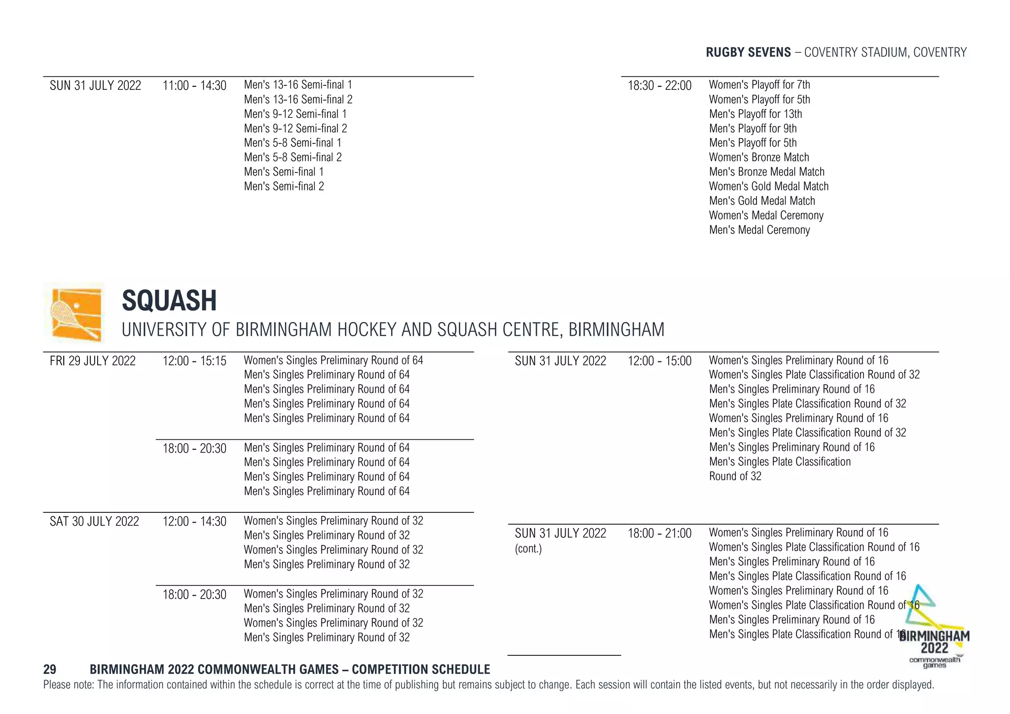 RUGBY SEVENS COVENTRY STADIUM, COVENTRY
29 BIRMINGHAM 2022 COMMONWEALTH GAMES – COMPETITION SCHEDULE
Please note: The information contained within the schedule is correct at the time of publishing but remains subject to change. Each session will contain the listed events, but not necessarily in the order displayed.
SUN 31 JULY 2022 11:00 - 14:30 Men's 13-16 Semi-final 1
Men's 13-16 Semi-final 2
Men's 9-12 Semi-final 1
Men's 9-12 Semi-final 2
Men's 5-8 Semi-final 1
Men's 5-8 Semi-final 2
Men's Semi-final 1
Men's Semi-final 2
18:30 - 22:00 Women's Playoff for 7th
Women's Playoff for 5th
Men's Playoff for 13th
Men's Playoff for 9th
Men's Playoff for 5th
Women's Bronze Match
Men's Bronze Medal Match
Women's Gold Medal Match
Men's Gold Medal Match
Women's Medal Ceremony
Men's Medal Ceremony
SQUASH
UNIVERSITY OF BIRMINGHAM HOCKEY AND SQUASH CENTRE, BIRMINGHAM
FRI 29 JULY 2022 12:00 - 15:15 Women's Singles Preliminary Round of 64
Men's Singles Preliminary Round of 64
Men's Singles Preliminary Round of 64
Men's Singles Preliminary Round of 64
Men's Singles Preliminary Round of 64
18:00 - 20:30 Men's Singles Preliminary Round of 64
Men's Singles Preliminary Round of 64
Men's Singles Preliminary Round of 64
Men's Singles Preliminary Round of 64
SAT 30 JULY 2022 12:00 - 14:30 Women's Singles Preliminary Round of 32
Men's Singles Preliminary Round of 32
Women's Singles Preliminary Round of 32
Men's Singles Preliminary Round of 32
18:00 - 20:30 Women's Singles Preliminary Round of 32
Men's Singles Preliminary Round of 32
Women's Singles Preliminary Round of 32
Men's Singles Preliminary Round of 32
SUN 31 JULY 2022 12:00 - 15:00 Women's Singles Preliminary Round of 16
Women's Singles Plate Classification Round of 32
Men's Singles Preliminary Round of 16
Men's Singles Plate Classification Round of 32
Women's Singles Preliminary Round of 16
Men's Singles Plate Classification Round of 32
Men's Singles Preliminary Round of 16
Men's Singles Plate Classification
Round of 32
SUN 31 JULY 2022
(cont.)
18:00 - 21:00 Women's Singles Preliminary Round of 16
Women's Singles Plate Classification Round of 16
Men's Singles Preliminary Round of 16
Men's Singles Plate Classification Round of 16
Women's Singles Preliminary Round of 16
Women's Singles Plate Classification Round of 16
Men's Singles Preliminary Round of 16
Men's Singles Plate Classification Round of 16
 